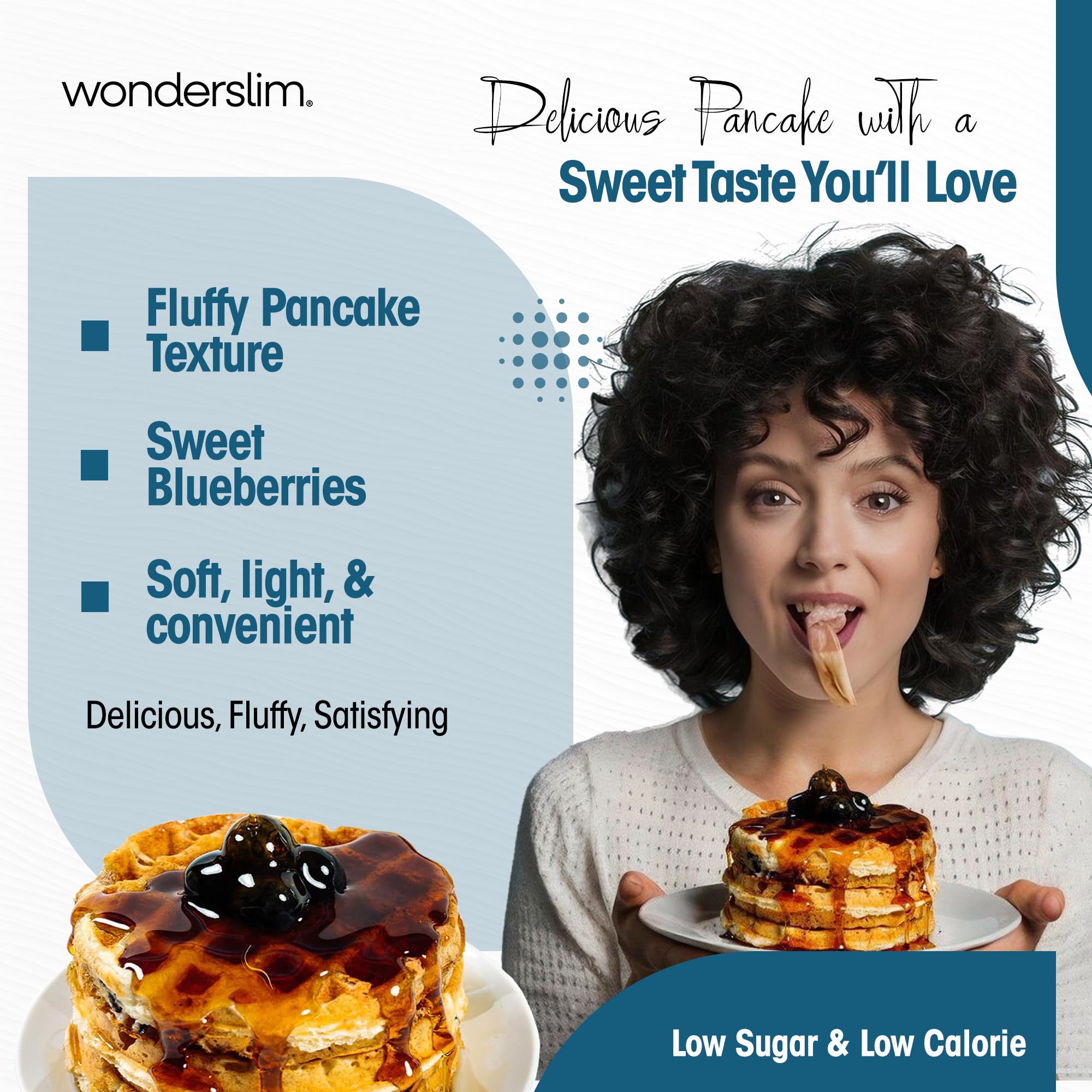 WonderSlim pancake stack with syrup shows versatile morning serving ideas.