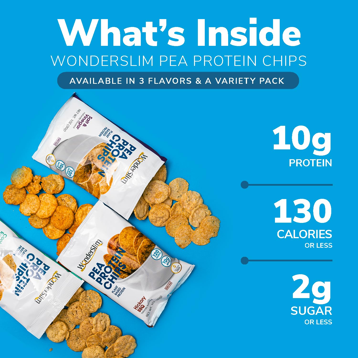 WonderSlim pea protein chips pack shot—low carb, low sugar crunch for anytime cravings.