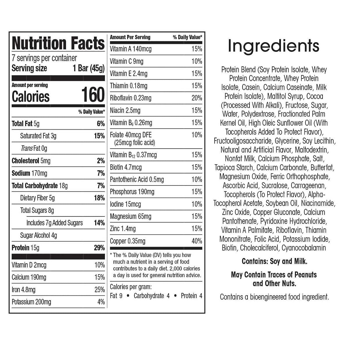 Nutrition panel on WonderSlim bar showing 15g protein and 20 vitamins.
