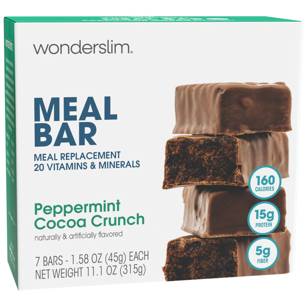 WonderSlim Peppermint Cocoa Crunch bar in wrapper, convenient on-the-go snack.