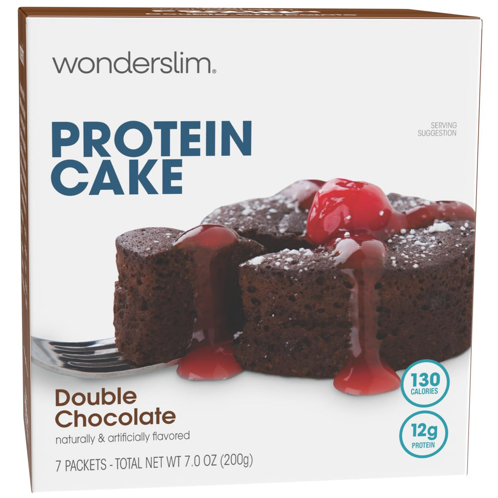 WonderSlim Protein Cake Mix Double Chocolate packaging showing a quick snack option