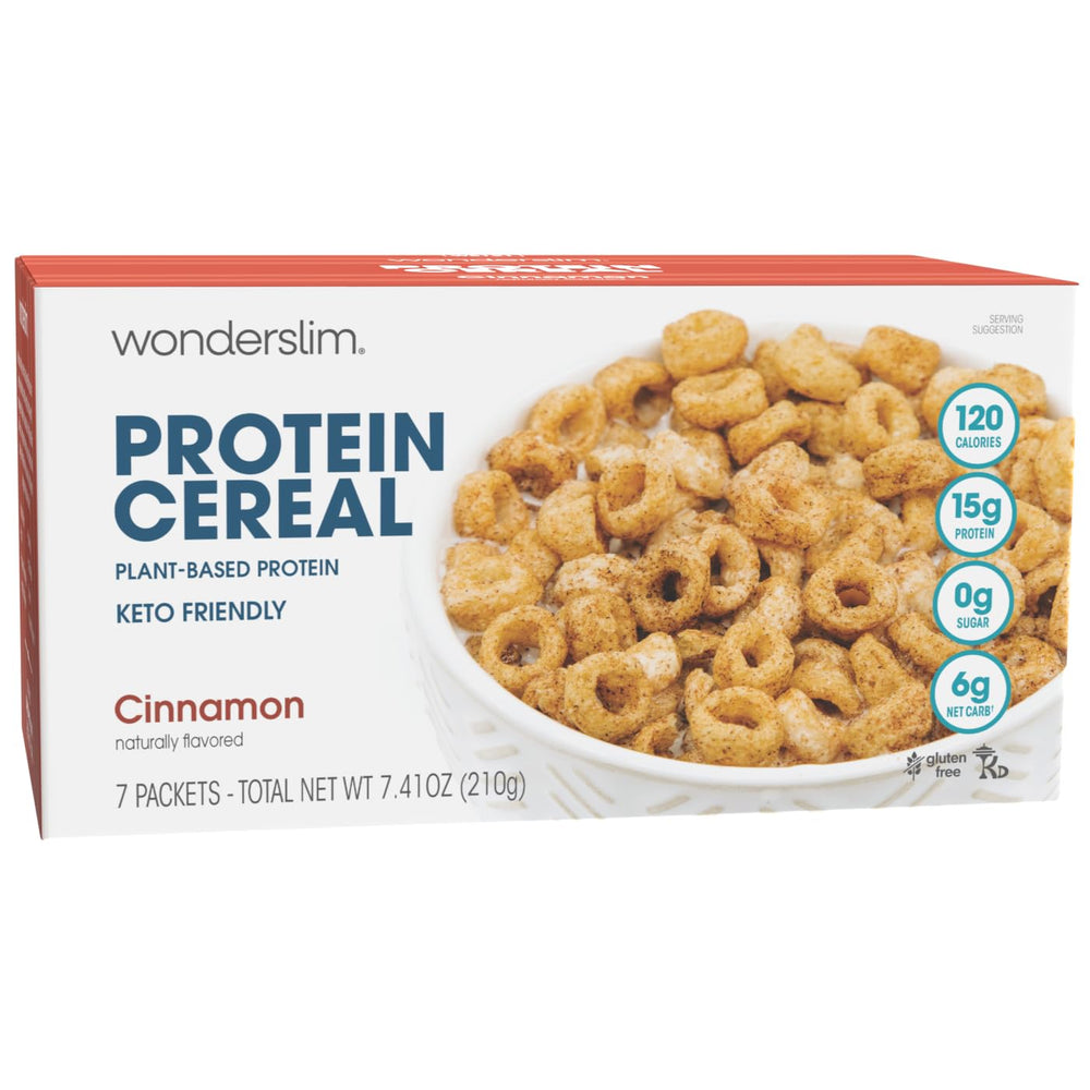 WonderSlim Protein Cereal Cinnamon bowl with milk for a high-protein breakfast
