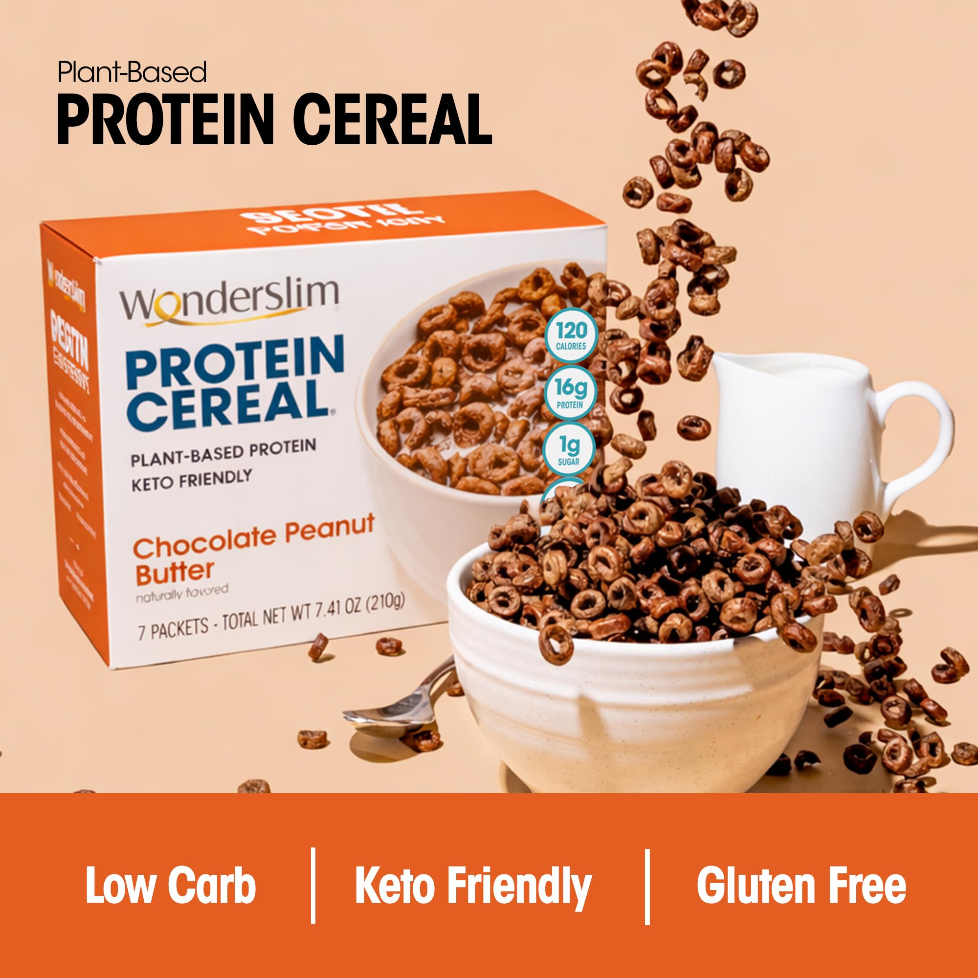 WonderSlim cereal poured with milk showcases 16g protein per serving