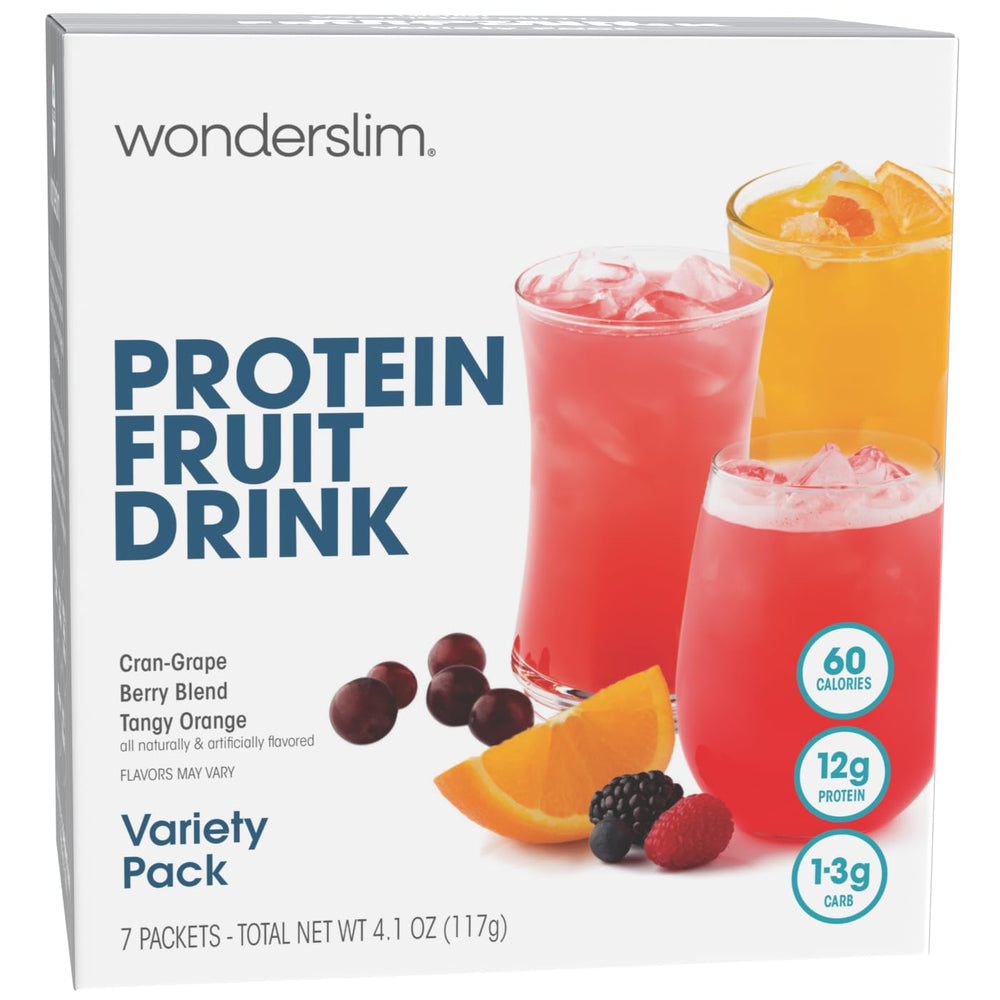 WonderSlim protein fruit drink variety pack front shows keto-friendly, gluten-free options