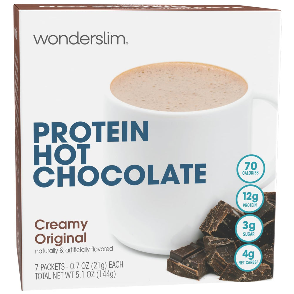 WonderSlim protein hot chocolate cup steaming with 12g protein per serving