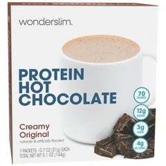WonderSlim protein hot chocolate cup steaming with 12g protein per serving