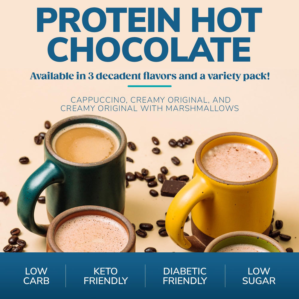 WonderSlim protein hot chocolate mix in a resealable container for easy prep