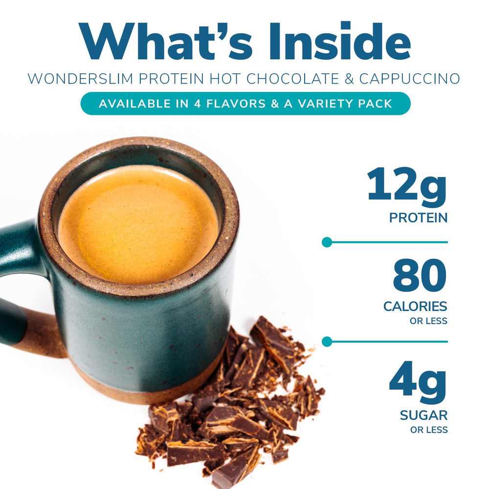 WonderSlim protein hot chocolate packet label shows low sugar and keto-friendly options