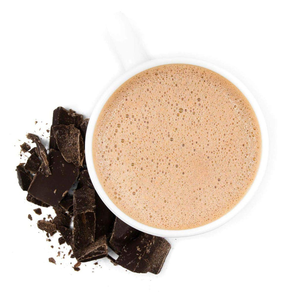WonderSlim protein hot chocolate scoop dipping into a mug for a quick protein boost