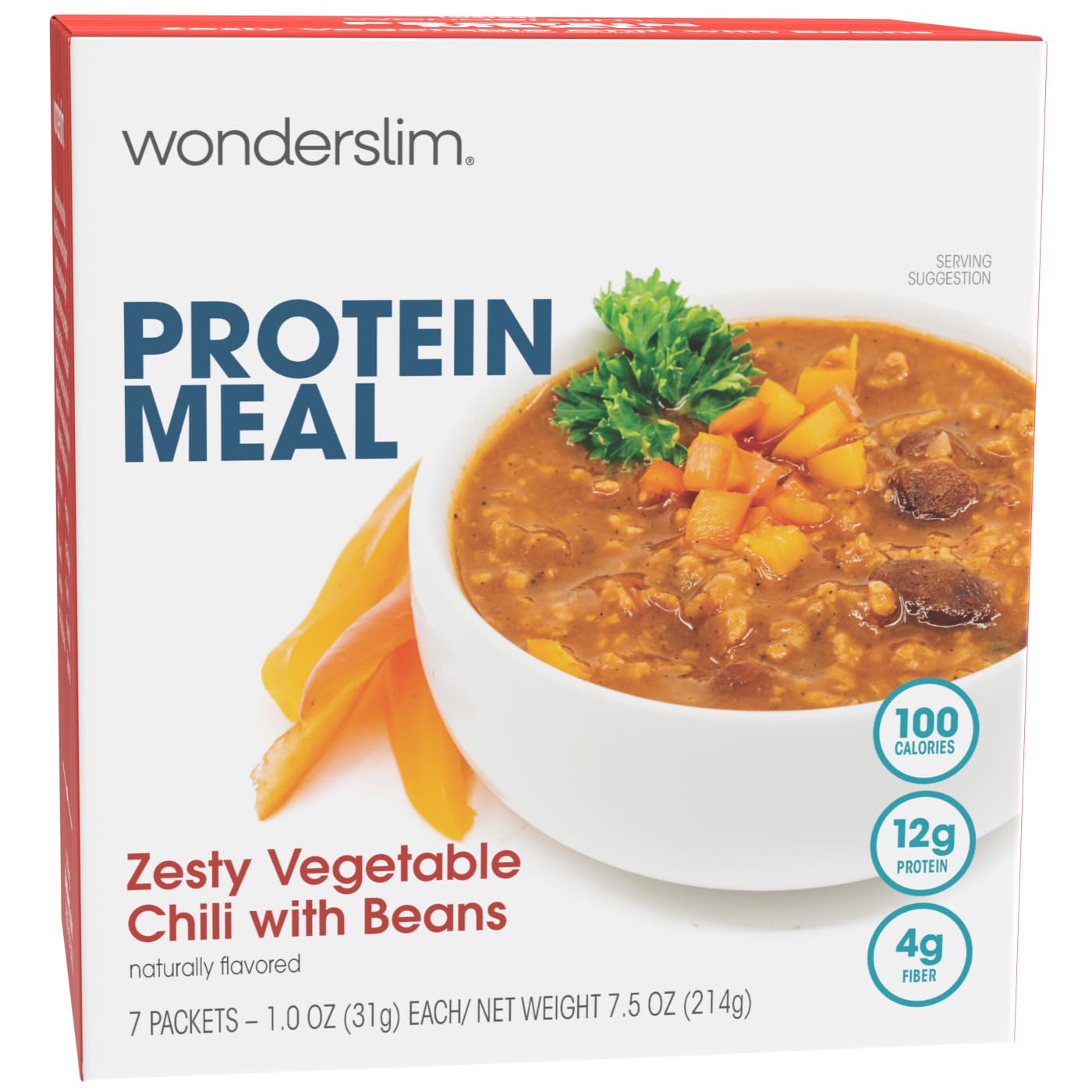 WonderSlim Protein Meal zesty vegetable chili bowl shows a protein-packed, fiber-rich dinner option