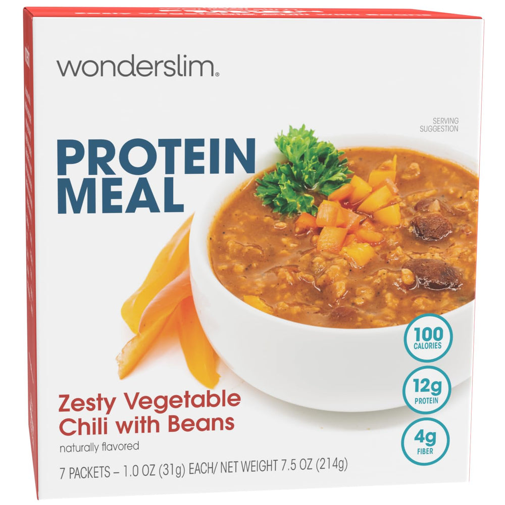 WonderSlim Protein Meal zesty vegetable chili bowl shows a protein-packed, fiber-rich dinner option