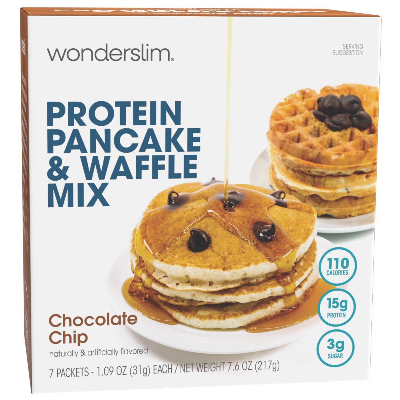 WonderSlim protein pancake mix pouring batter to start a fast, high-protein breakfast.