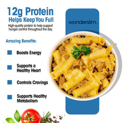 WonderSlim Protein Pasta close-up showing creamy three-cheese blend