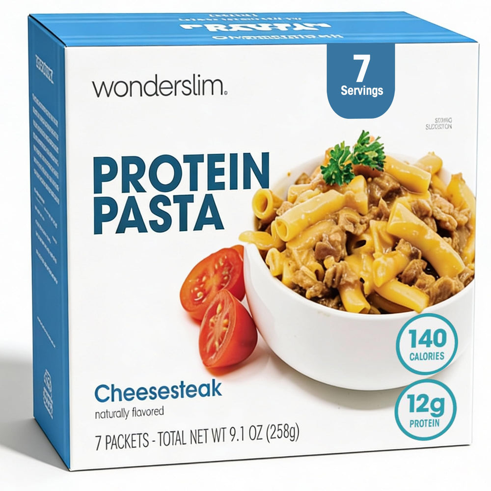 WonderSlim Protein Pasta cheesesteak macaroni on plate, high-protein meal option
