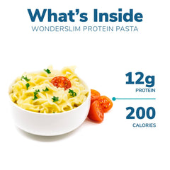 Cooked WonderSlim pasta on plate with creamy Alfredo texture