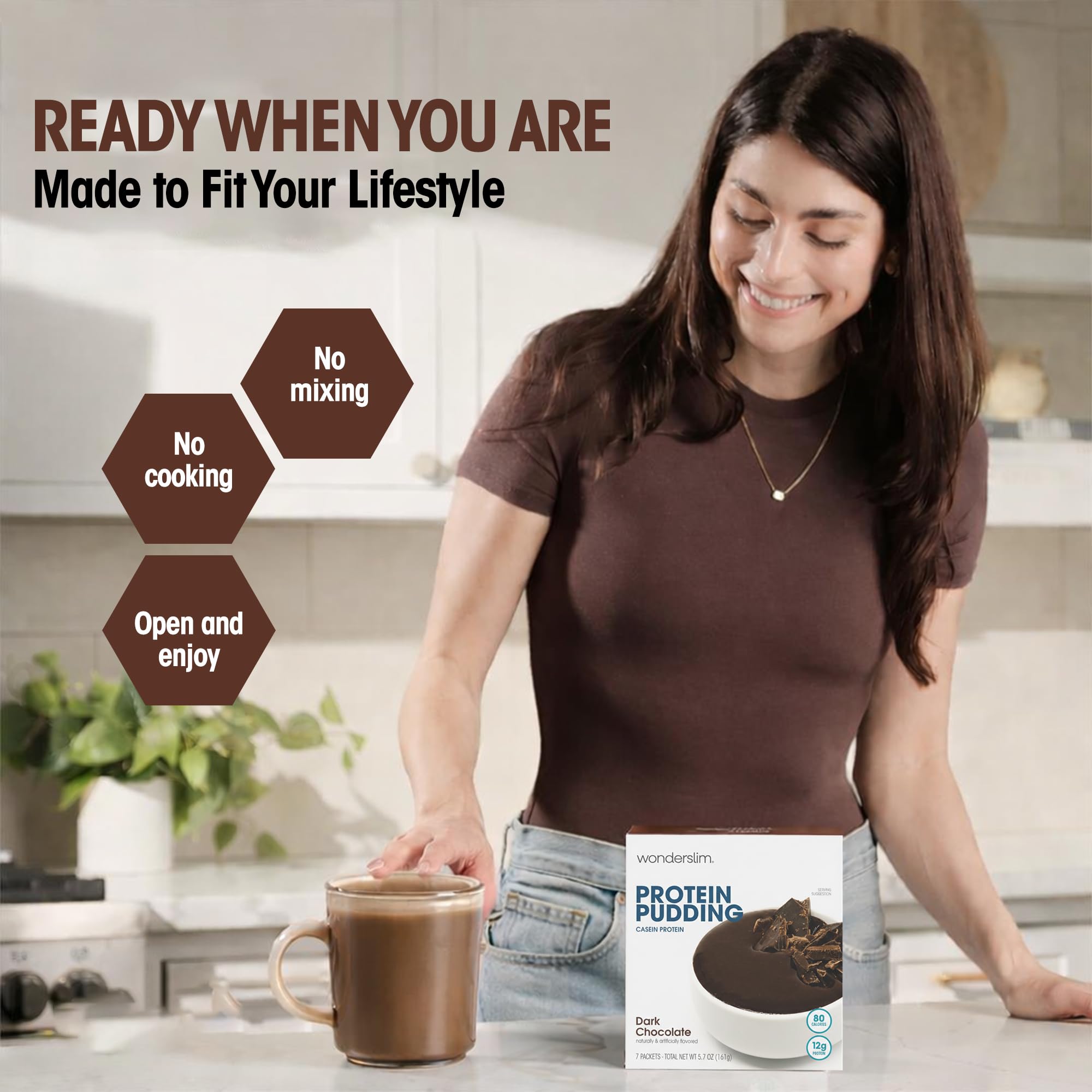 WonderSlim protein pudding dark chocolate glass portion demonstrates controlled serving size