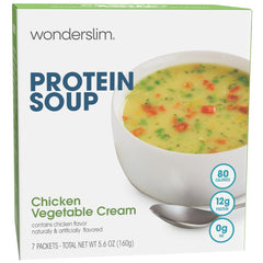 WonderSlim Protein Soup front pack shows chicken and vegetable cream flavor for a high-protein, low-fat meal.