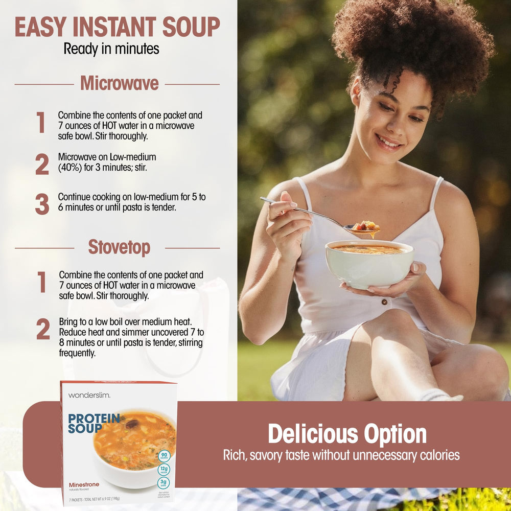 WonderSlim Minestrone steaming bowl invites warm, protein-packed nourishment.