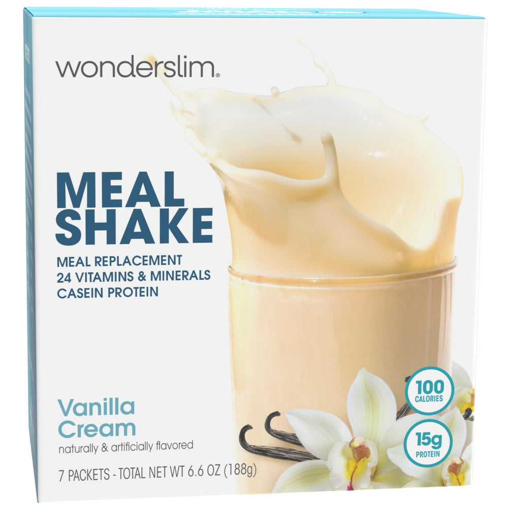 WonderSlim Vanilla Cream shake glass shows creamy texture for a satisfying meal substitute.