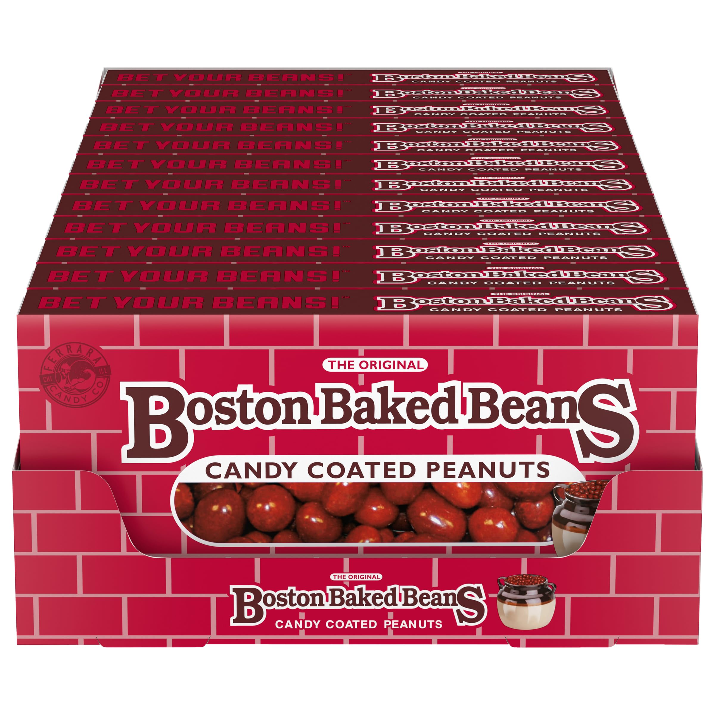Wonka Boston Baked Beans box close-up, candy-coated peanuts in focus for sharing