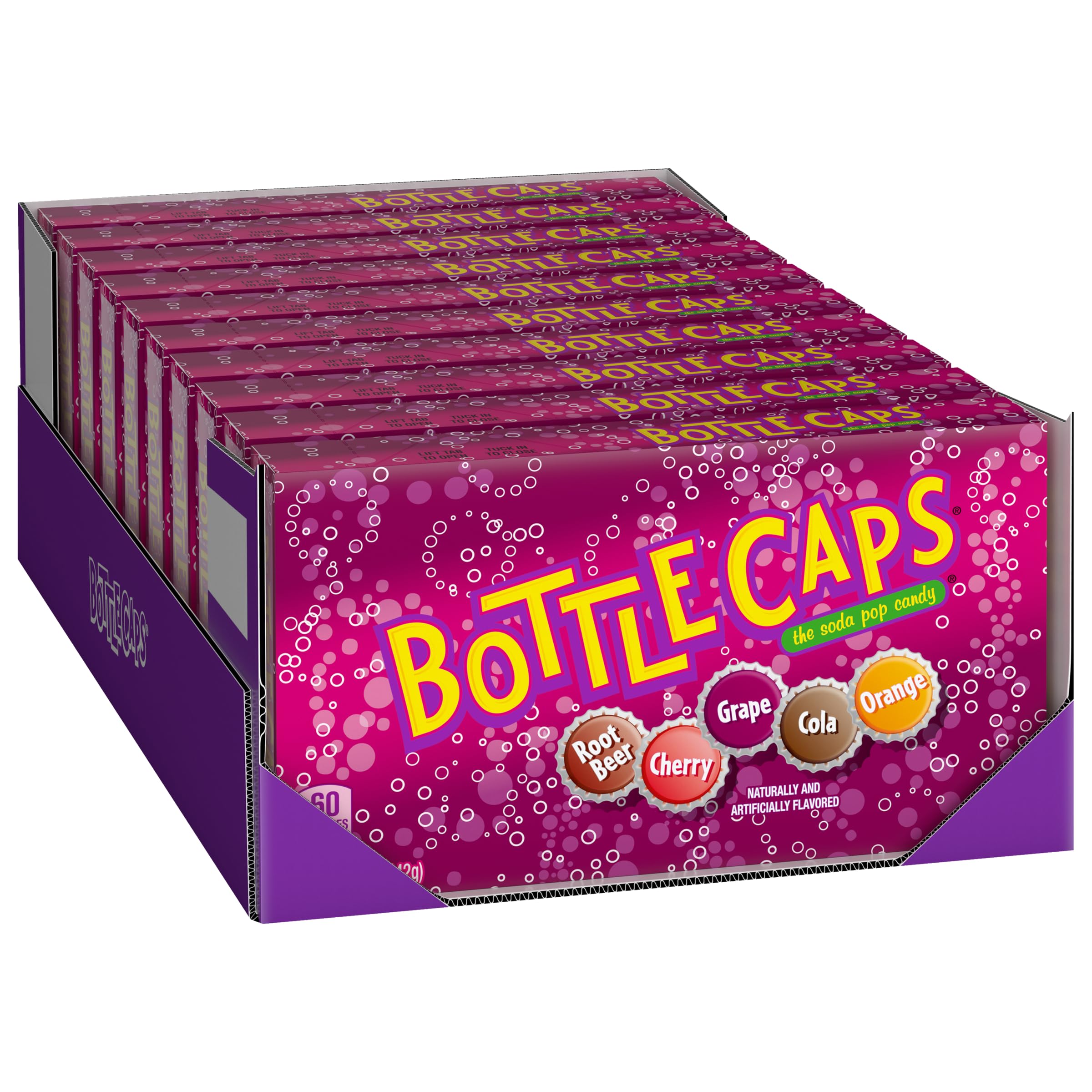 Wonka Bottle Caps box front view, ideal for casual snacking and sharing