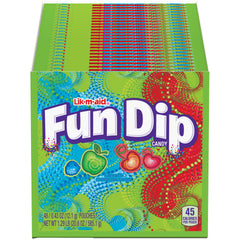 Wonka Fun Dip front packaging shows colorful pouches for easy party snacking.