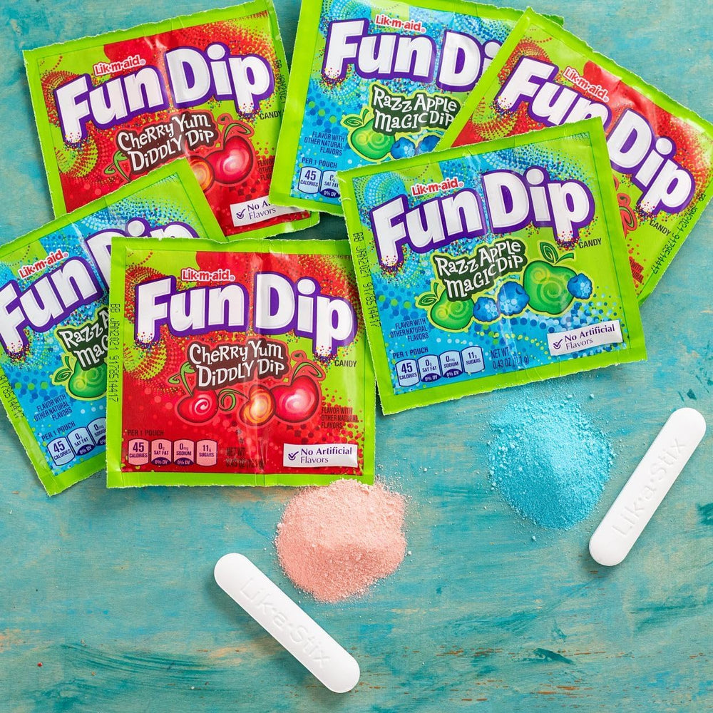 Wonka Fun Dip razz-apple flavor highlights tangy sweetness for parties.