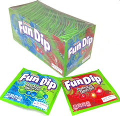 Wonka Fun Dips box with 48 half-ounce packs, ideal for parties and nostalgic snacking.