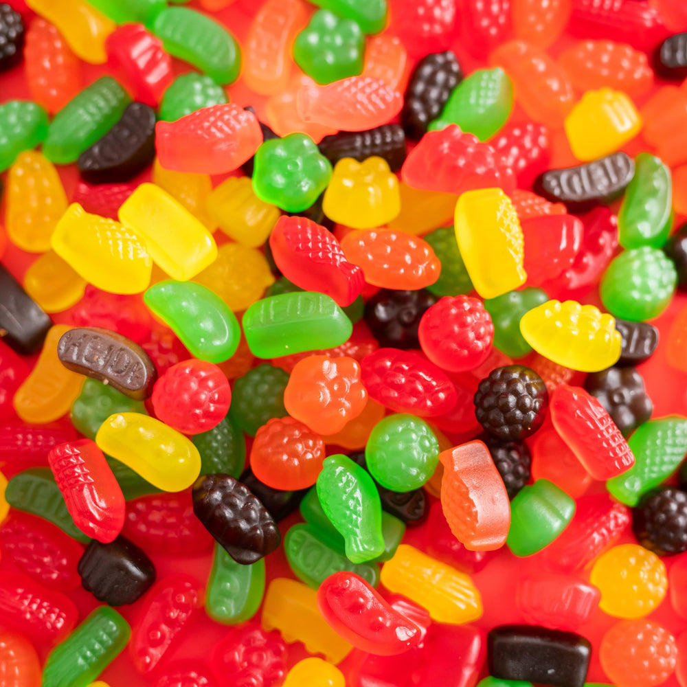 Wonka Jujyfruits raspberry, licorice, lime, orange, and lemon flavors offer variety