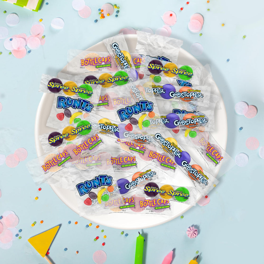 Wonka Nostalgic candy mix, vibrant display for celebrations and road trips.