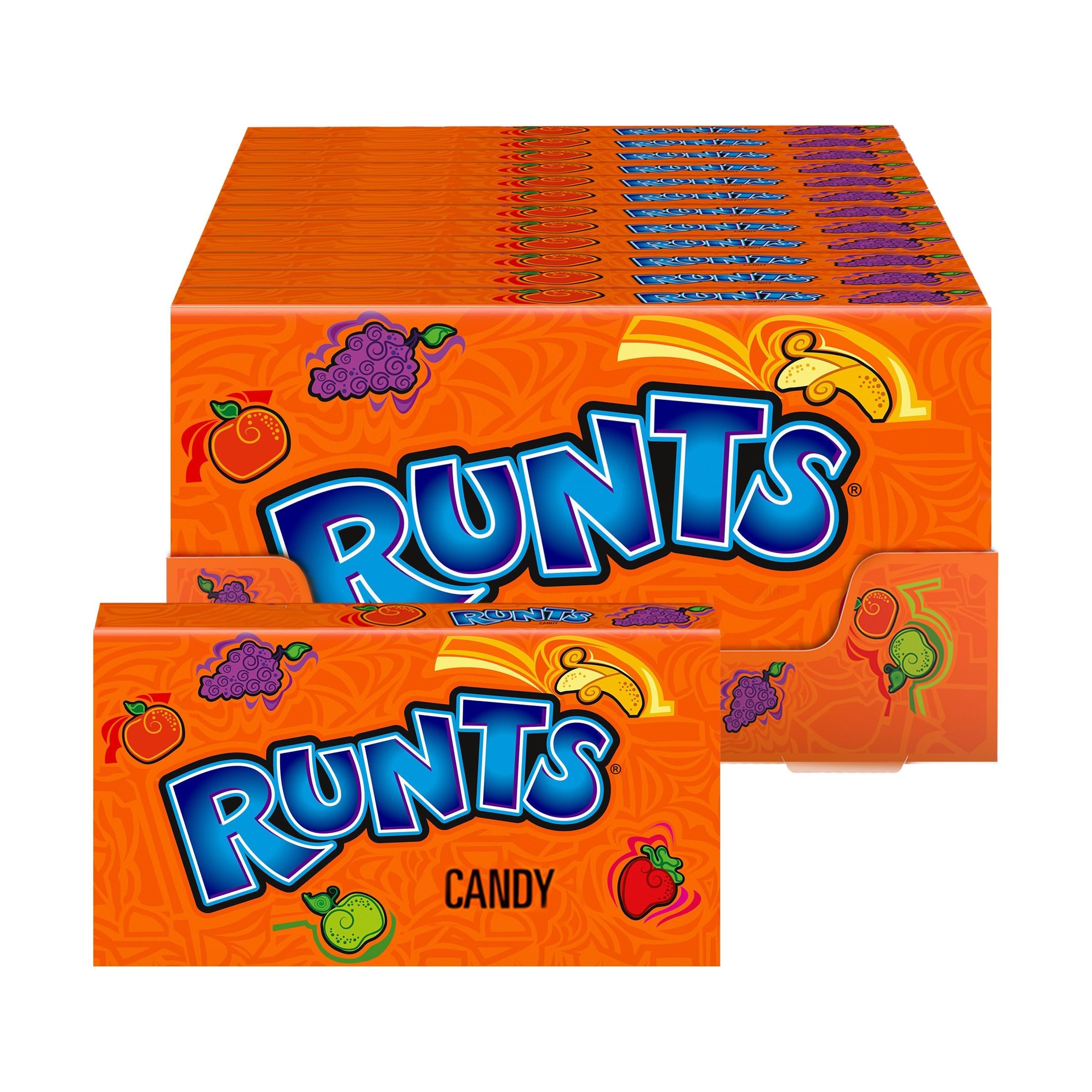 Wonka Runts orange candy in a box, bursting with on-the-go fruit flavor.