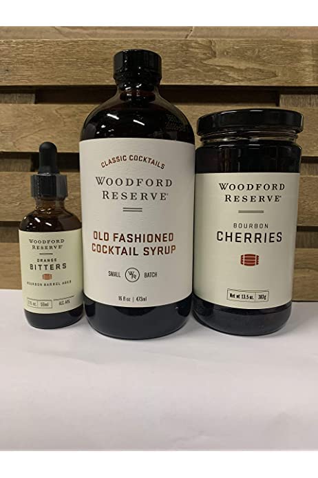 Woodford Old Fashioned Bundle image showing cherries, bitters and syrup for at-home cocktail crafting