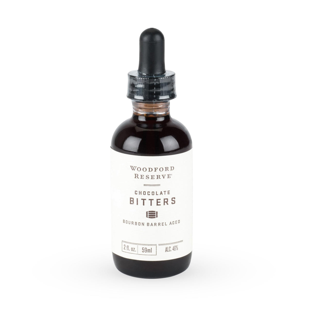 Woodford Reserve Bourbon Barrel Aged Chocolate Bitters bottle pour enhances cocktails with chocolate notes.