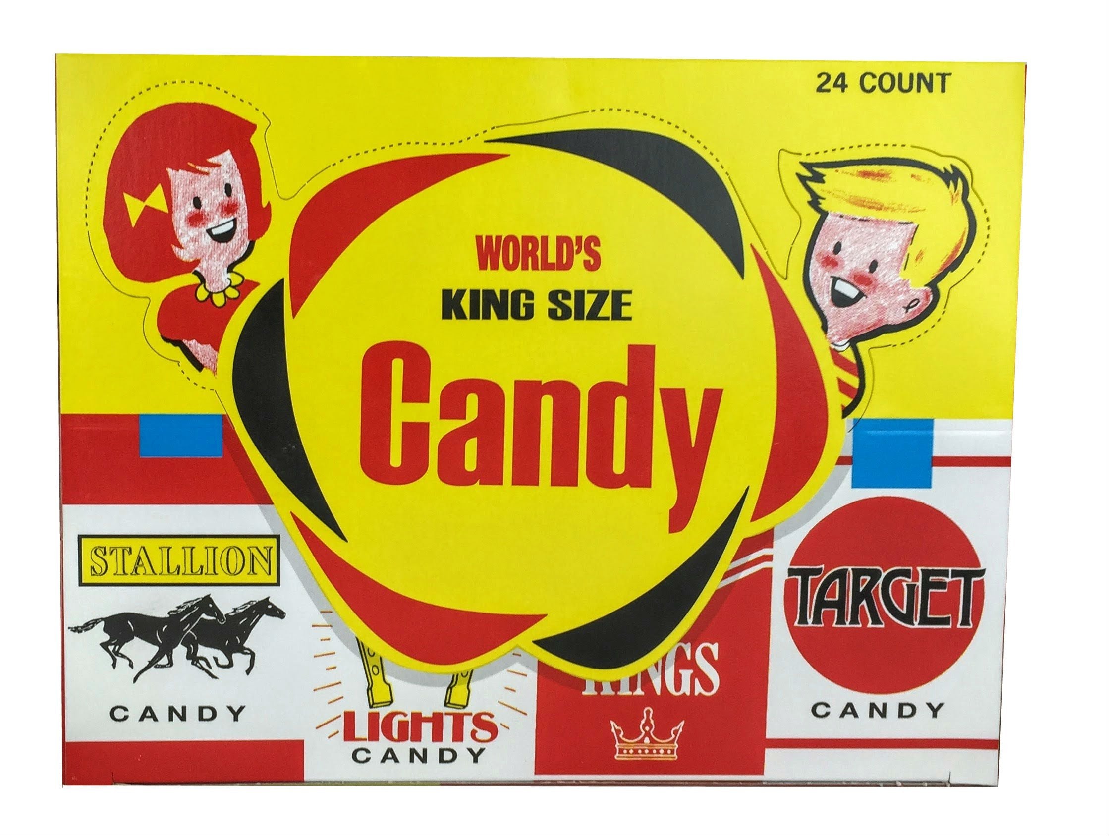 World Confections Candy Cigarettes front view showing a 24-pack display for retro treats