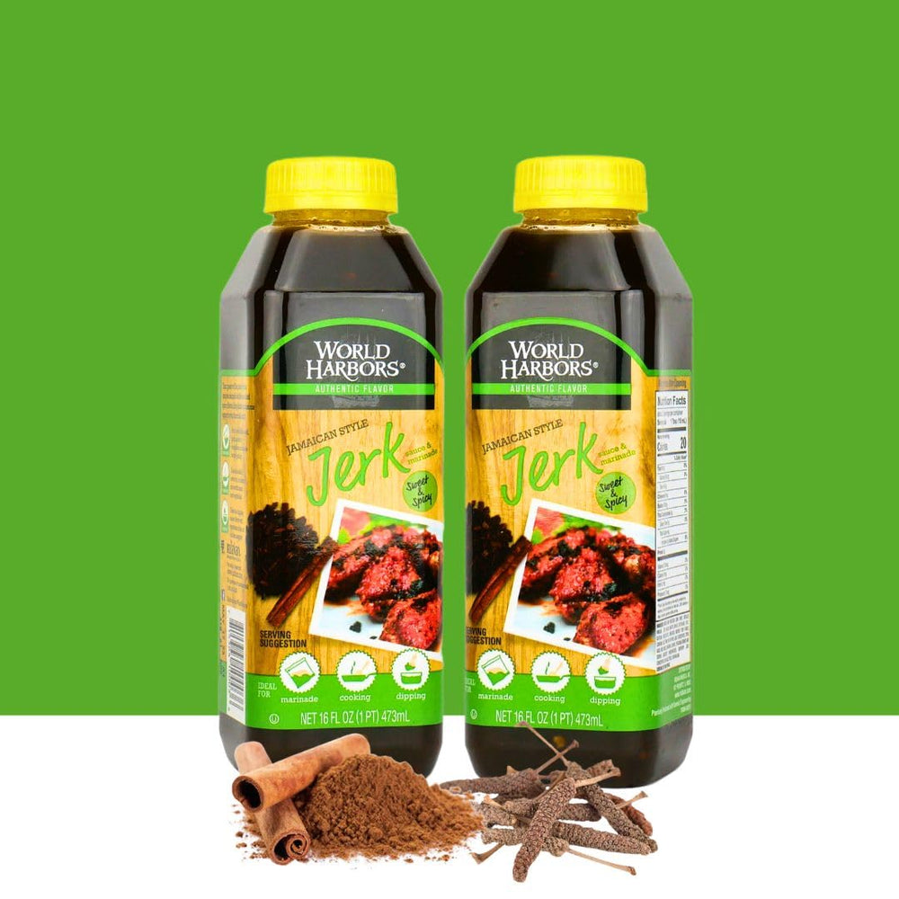 World Harbors jerk sauce bottle pour for a glossy glaze on grilled meats.
