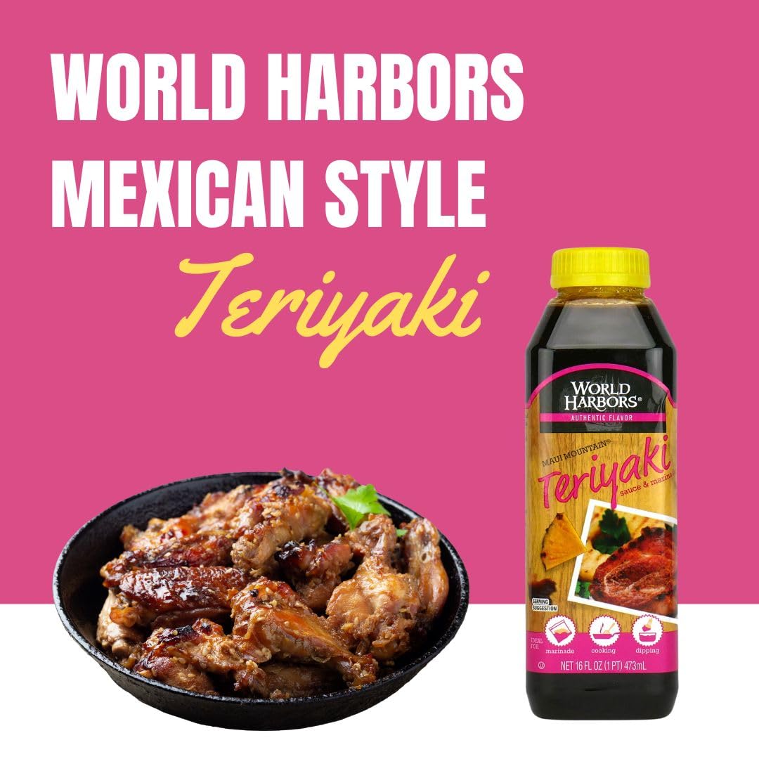 Kitchen scene featuring World Harbors Maui Mountain Teriyaki Sauce bottle