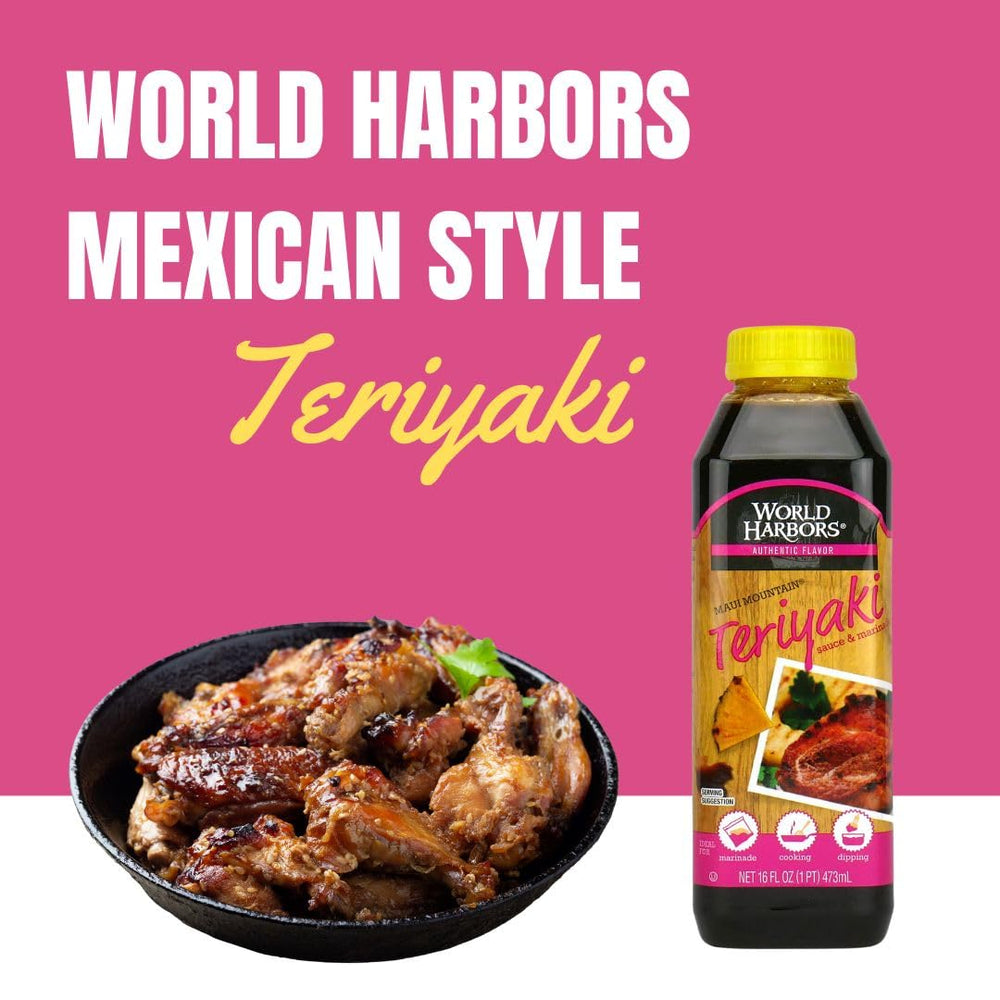 Kitchen scene featuring World Harbors Maui Mountain Teriyaki Sauce bottle