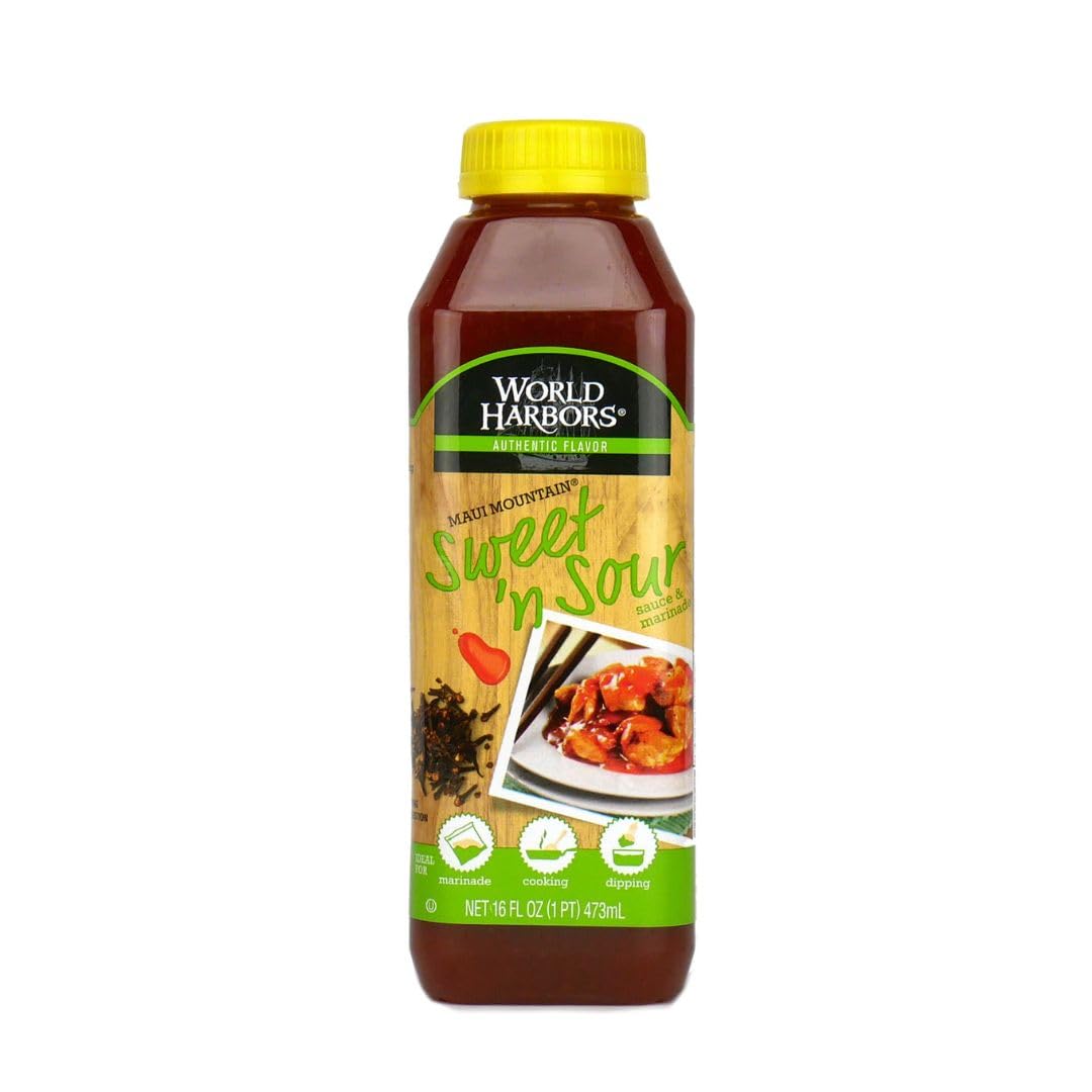 World Harbors Maui Sweet and Sour Sauce bottle front view for versatile dipping and marinating.