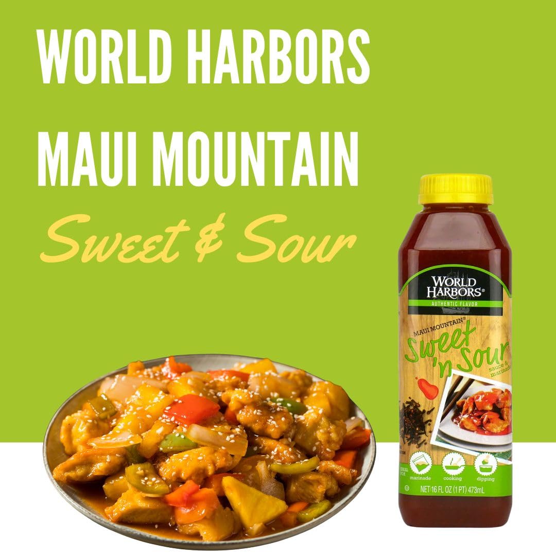 World Harbors Maui Sweet and Sour Sauce kitchen scene with bottle on counter.