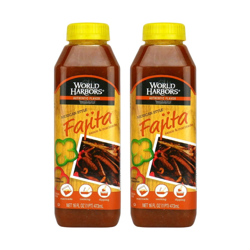 World Harbors Mexican Style Fajita Marinade bottle enhances grilled fajitas with bold flavor.