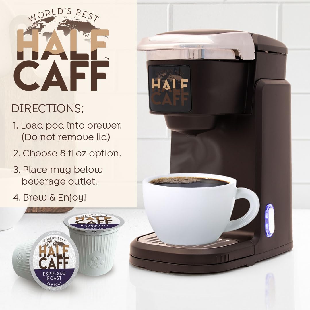 World's Best Half Caff brew-ready-cup for easy mornings.