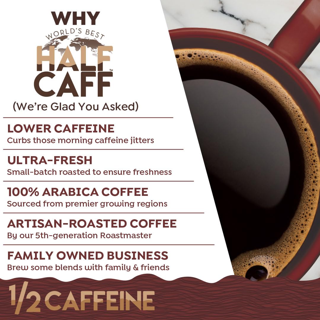Aromatic steam from World's Best Half Caff caramel coffee cup