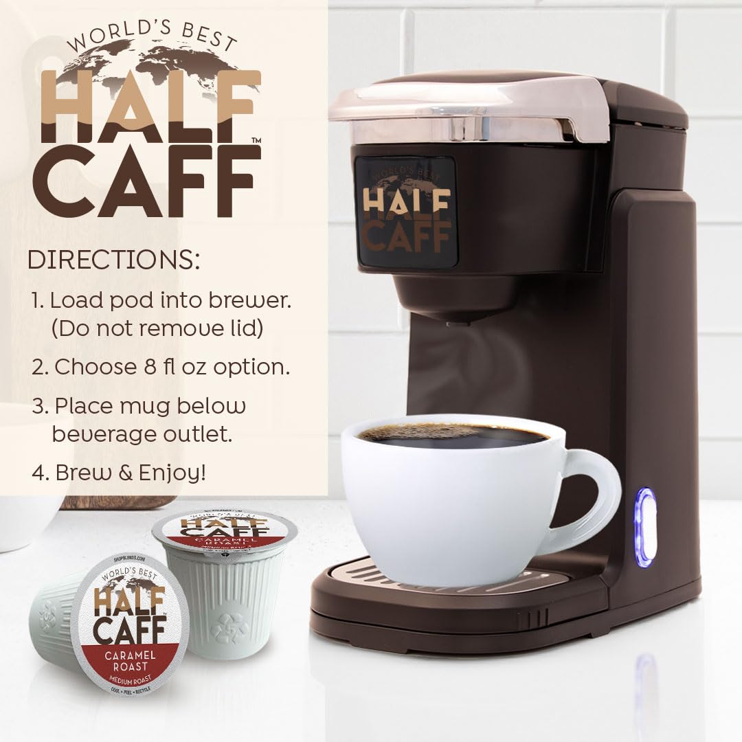 Prepared cup of World's Best Half Caff caramel coffee for tasting