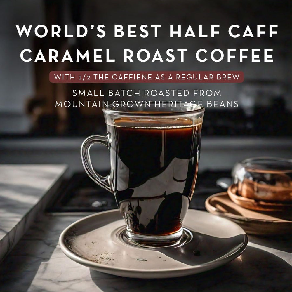 World's Best Half Caff caramel coffee pods close-up showing packaging and pods