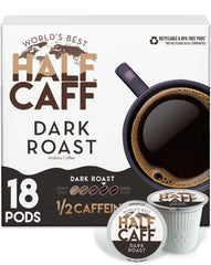 World's Best Half Caff dark roast pods ready for Keurig machines offering bold flavor.