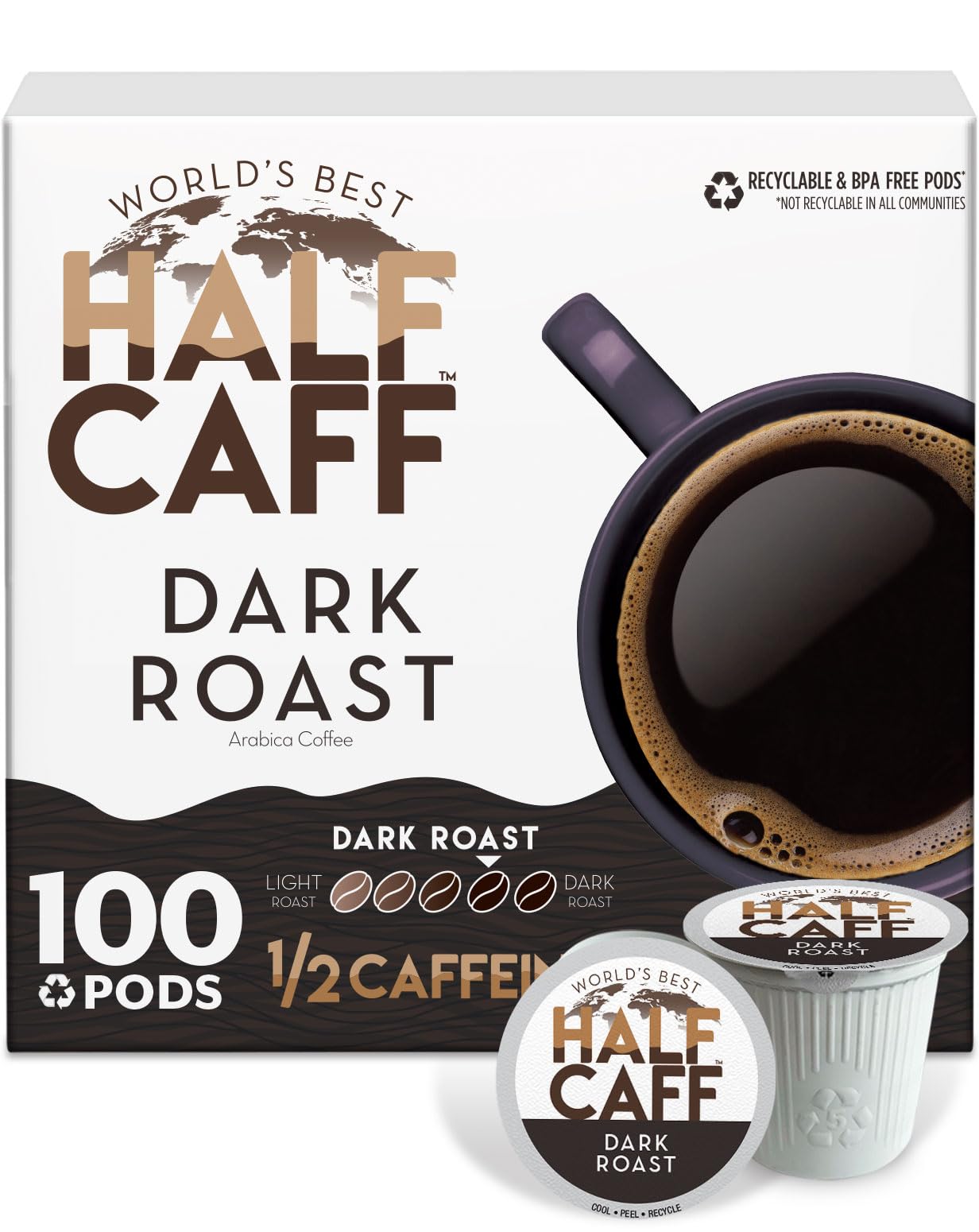 World's Best Half Caff dark roast pods box 100ct for convenient mornings.