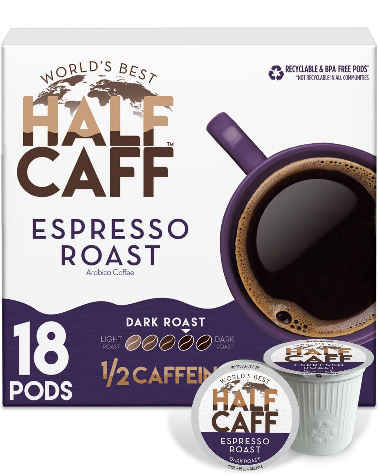 World's Best Half Caff espresso-roast-pods-18ct for a bold Keurig brew.