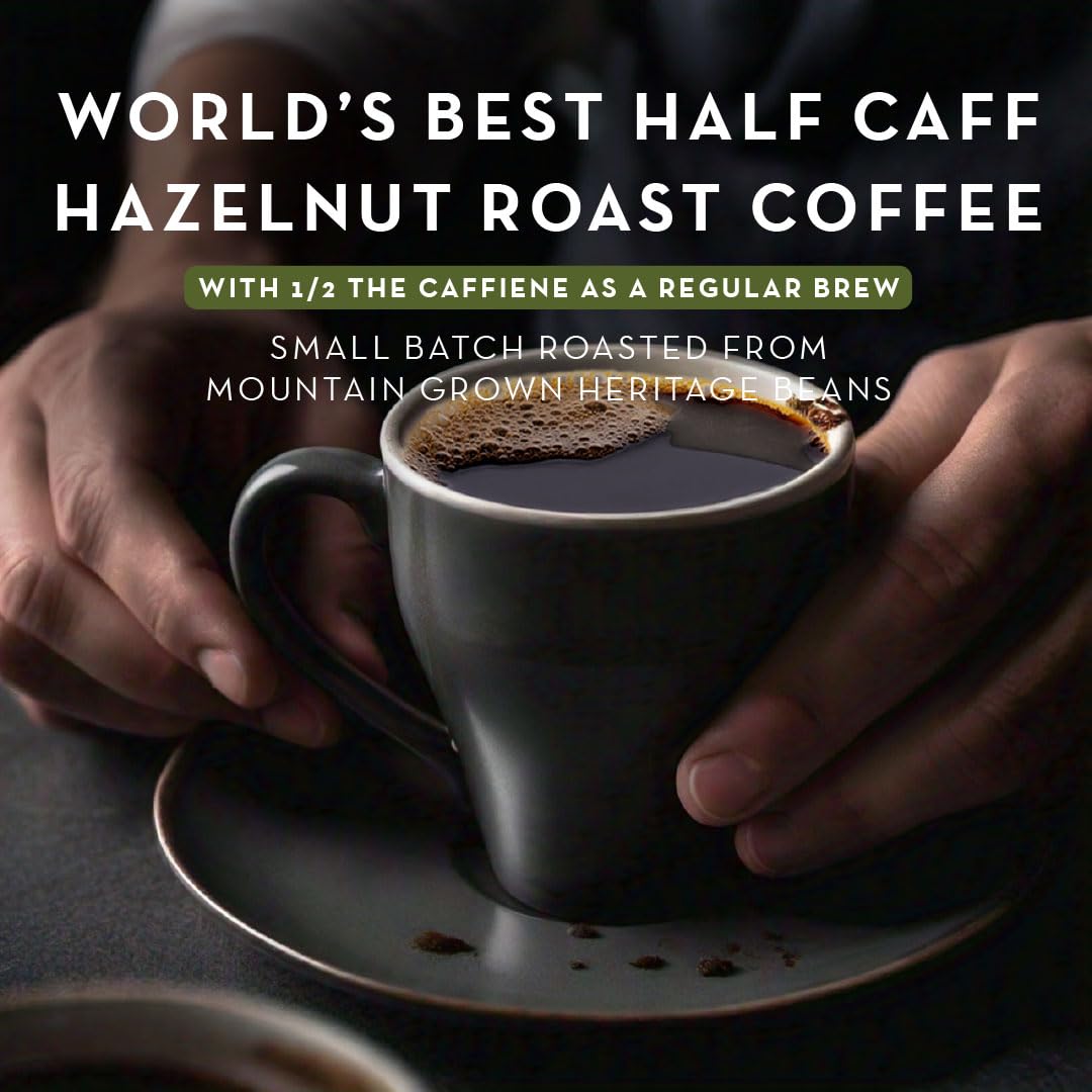 World's Best Half Caff hazelnut pod closeup highlighting aroma and richness.