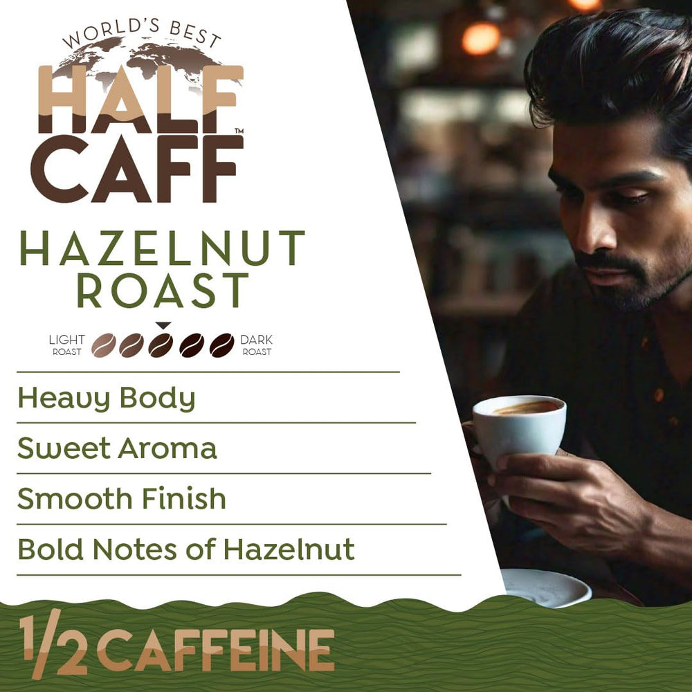 World's Best Half Caff hazelnut pods in cup showing smooth finish and aroma.