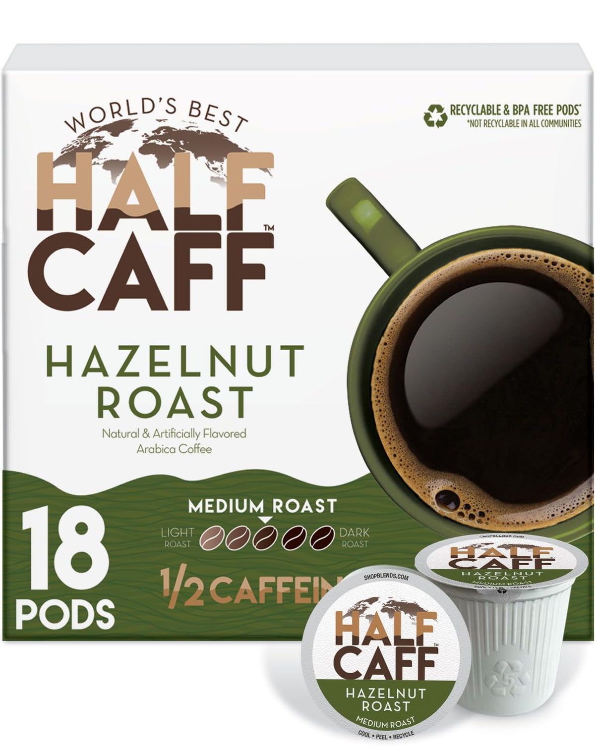 World's Best Half Caff hazelnut pods pack for quick, consistent single-serve flavor.